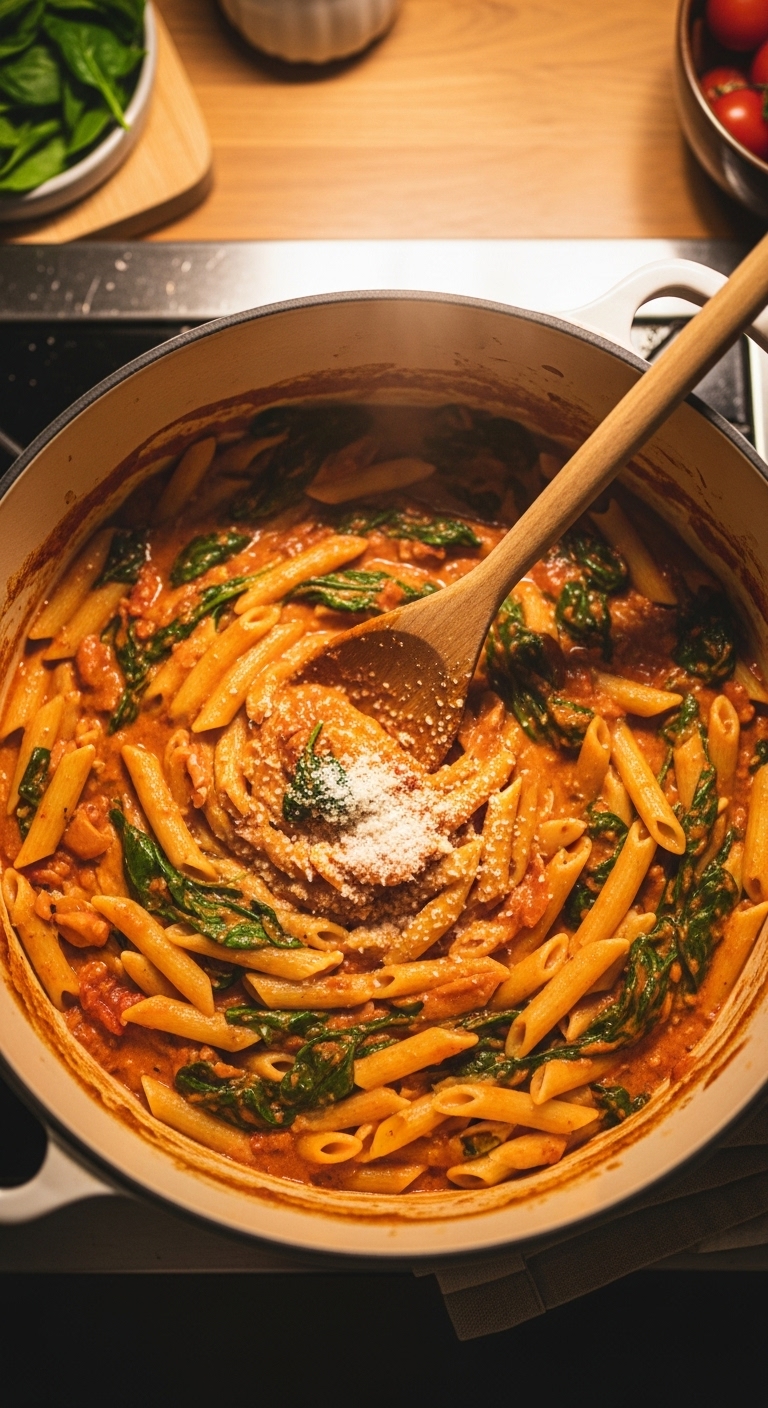Creamy Tomato And Spinach Pasta In Rustic Dutch Oven With Wooden Spoon And Parmesan Cheese Sprinkle In Warm Cozy Kitchen Setting