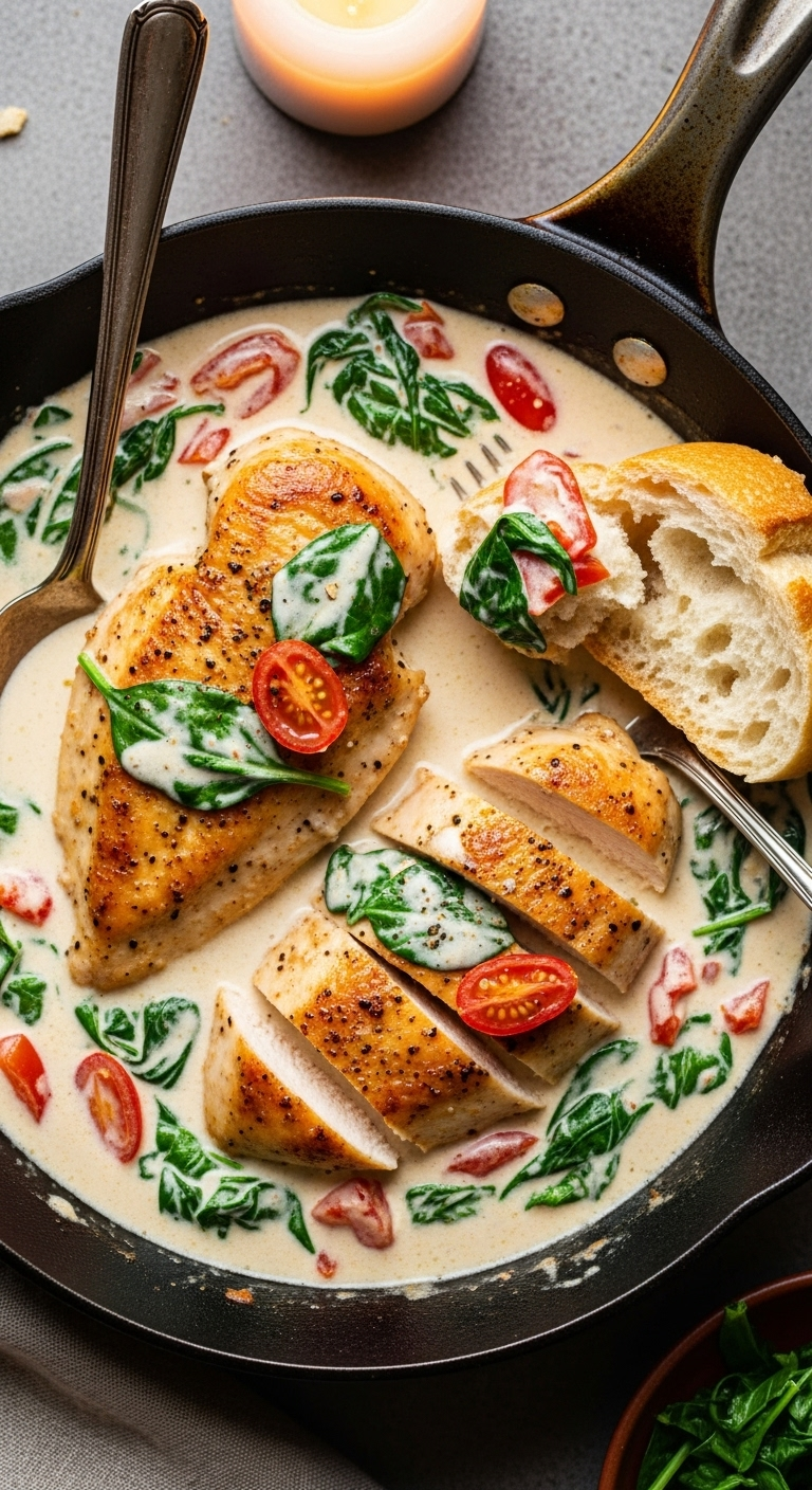 Creamy-Tuscan-Chicken-Rustic-Skillet-Sliced-Chicken-Juicy-Interior-Spinach-Tomatoes-Bread