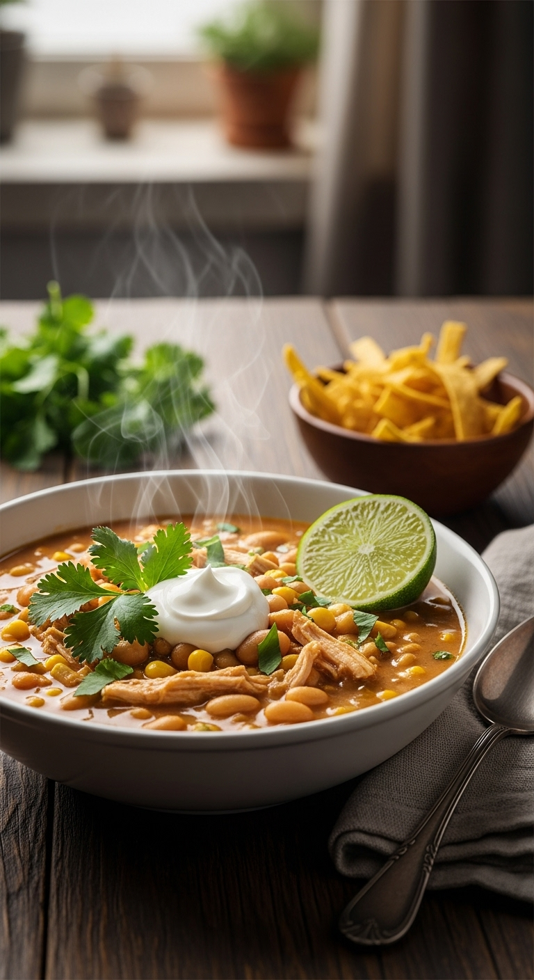Creamy-White-Chicken-Chili-Bowl-With-Cilantro-Sour-Cream-Lime-Tortilla-Strips-Rustic-Table