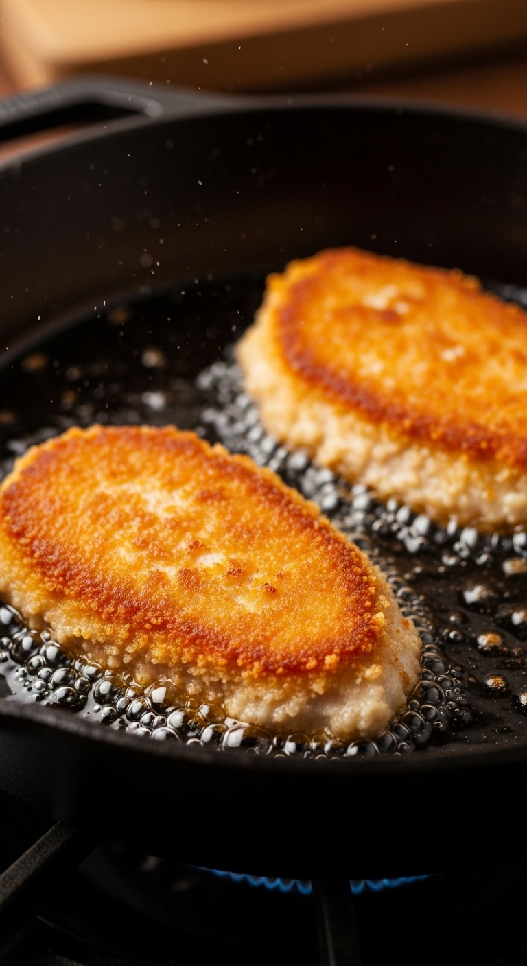 Crispy-Chicken-Cutlets-Sizzling-Cast-Iron-Skillet-Golden-Brown-Crust