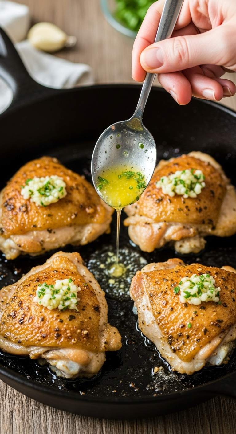 Crispy-Pan-Seared-Garlic-Butter-Thighs-Cast-Iron-Skillet-Bubbling-Butter