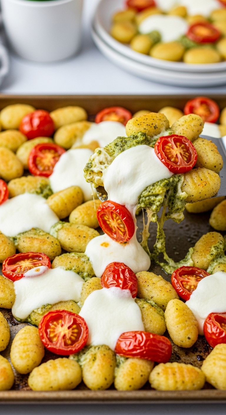 Crispy Pesto Gnocchi With Chicken Golden Gnocchi Blistered Tomatoes Mozzarella