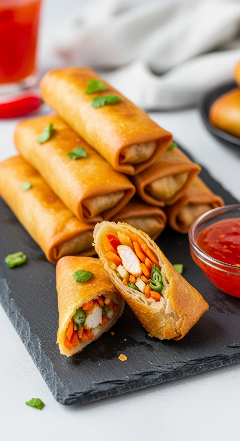 Crispy-Sriracha-Spring-Rolls-Golden-Brown-Chicken-Vegetable-Filling-Sweet-Chili-Sauce