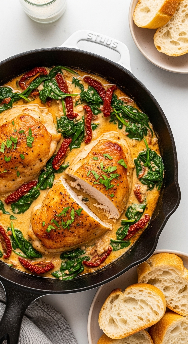 Crockpot Tuscan Chicken Creamy Sauce Wilted Spinach Sun-Dried Tomatoes Crusty Bread