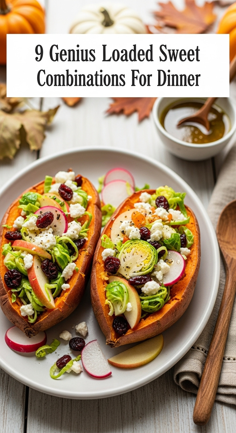Crunchy Fall Harvest Salad Sweet Potato Brussels Sprouts Apples Radishes Cranberries Feta Vinaigrette Rustic Wooden Table Autumn Theme Vertical