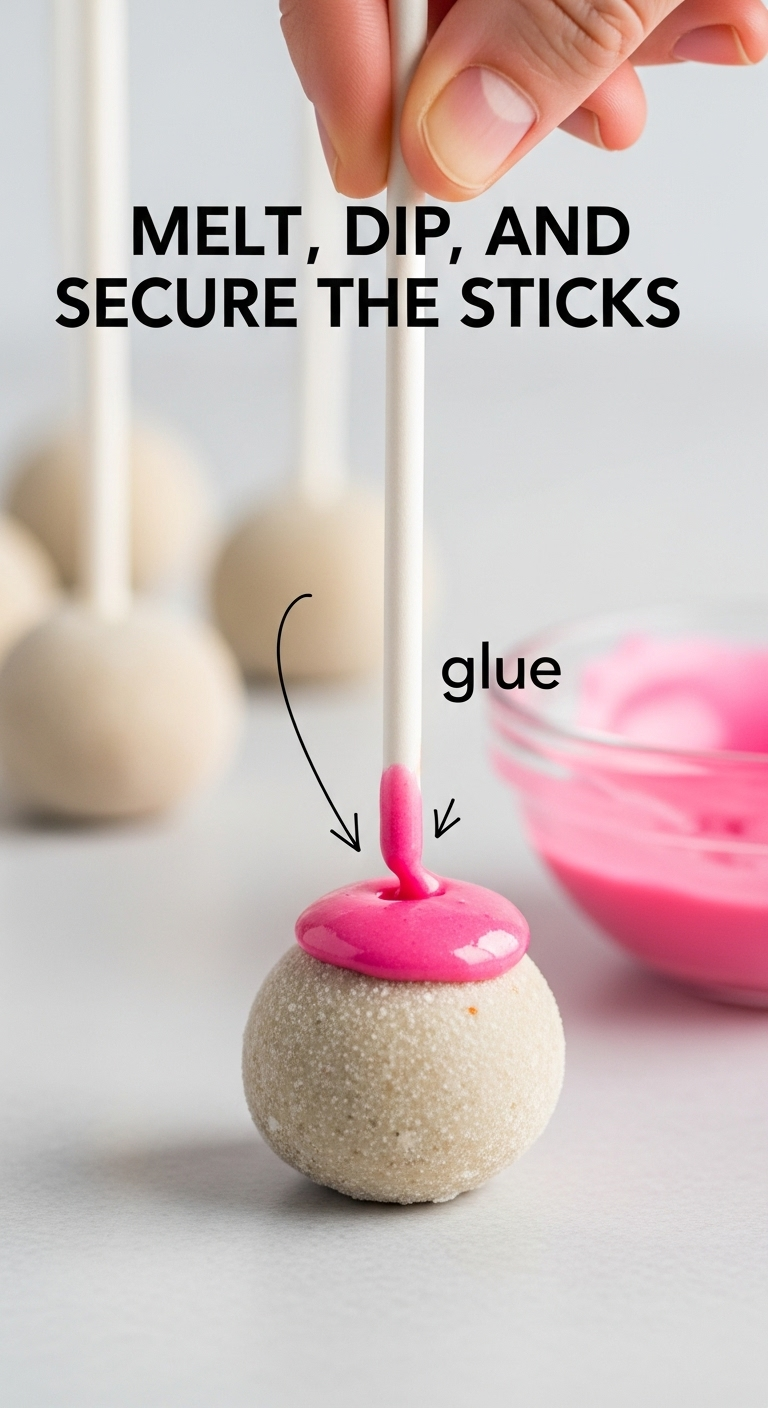 Dipping Lollipop Stick Into Melted Pink Candy To Secure In Vanilla Cake Ball For Starbucks Birthday Cake Pops Recipe