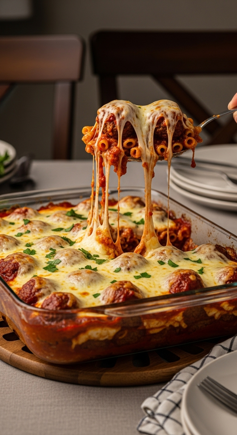 Dump-And-Bake-Meatball-Casserole-With-Cheese-Pull-Pasta-Sauce-And-Parsley