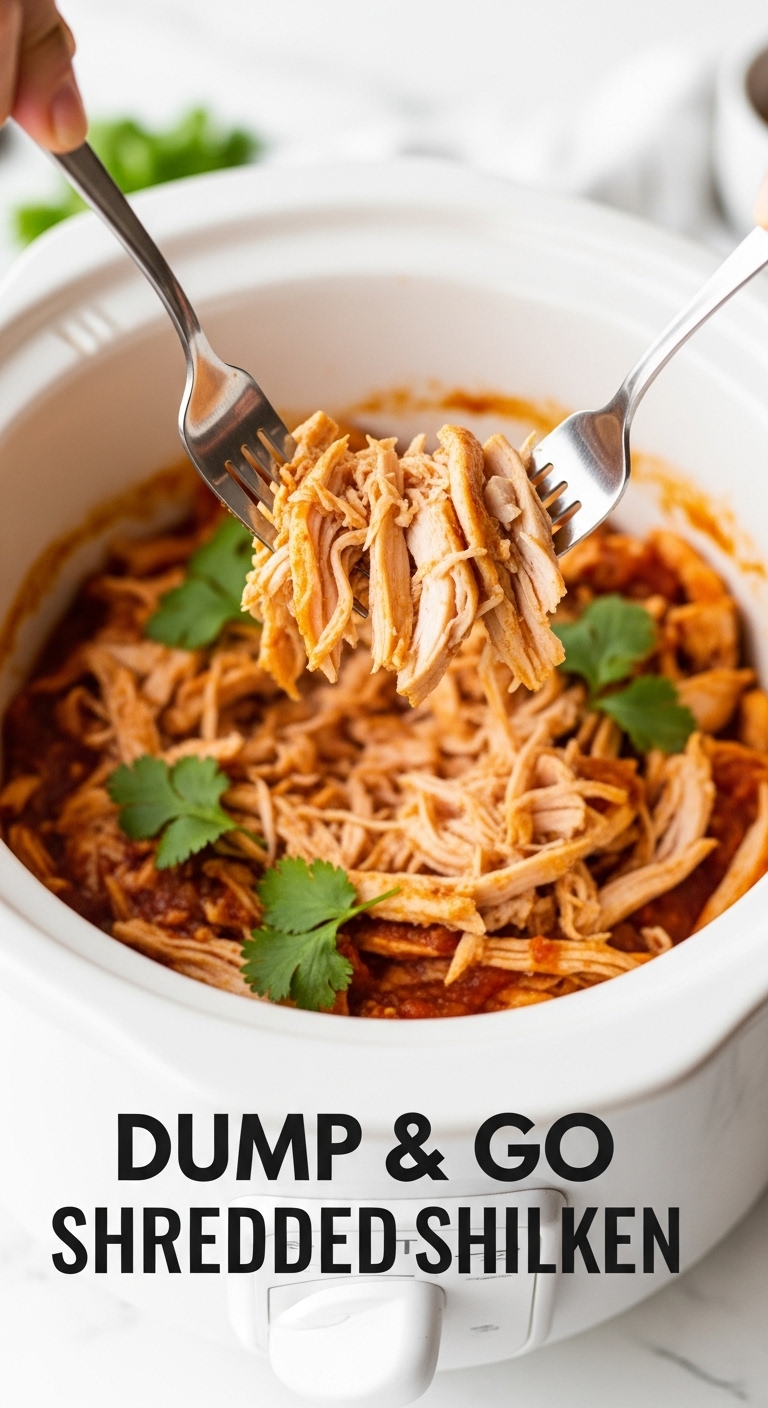 Dump And Go Shredded Salsa Chicken In White Slow Cooker With Forks Pulling Apart Tender Meat Garnished With Cilantro On Clean Kitchen Counter