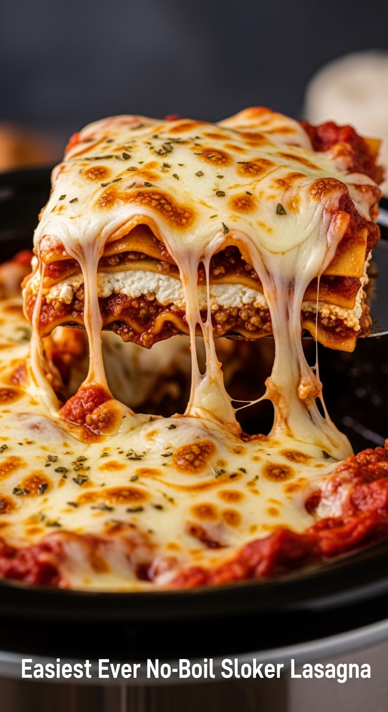 Easiest Ever No Boil Slow Cooker Lasagna With Layers Of Noodles Meat Sauce Ricotta And Melted Mozzarella Being Lifted By Spatula In Warm Rich Lighting