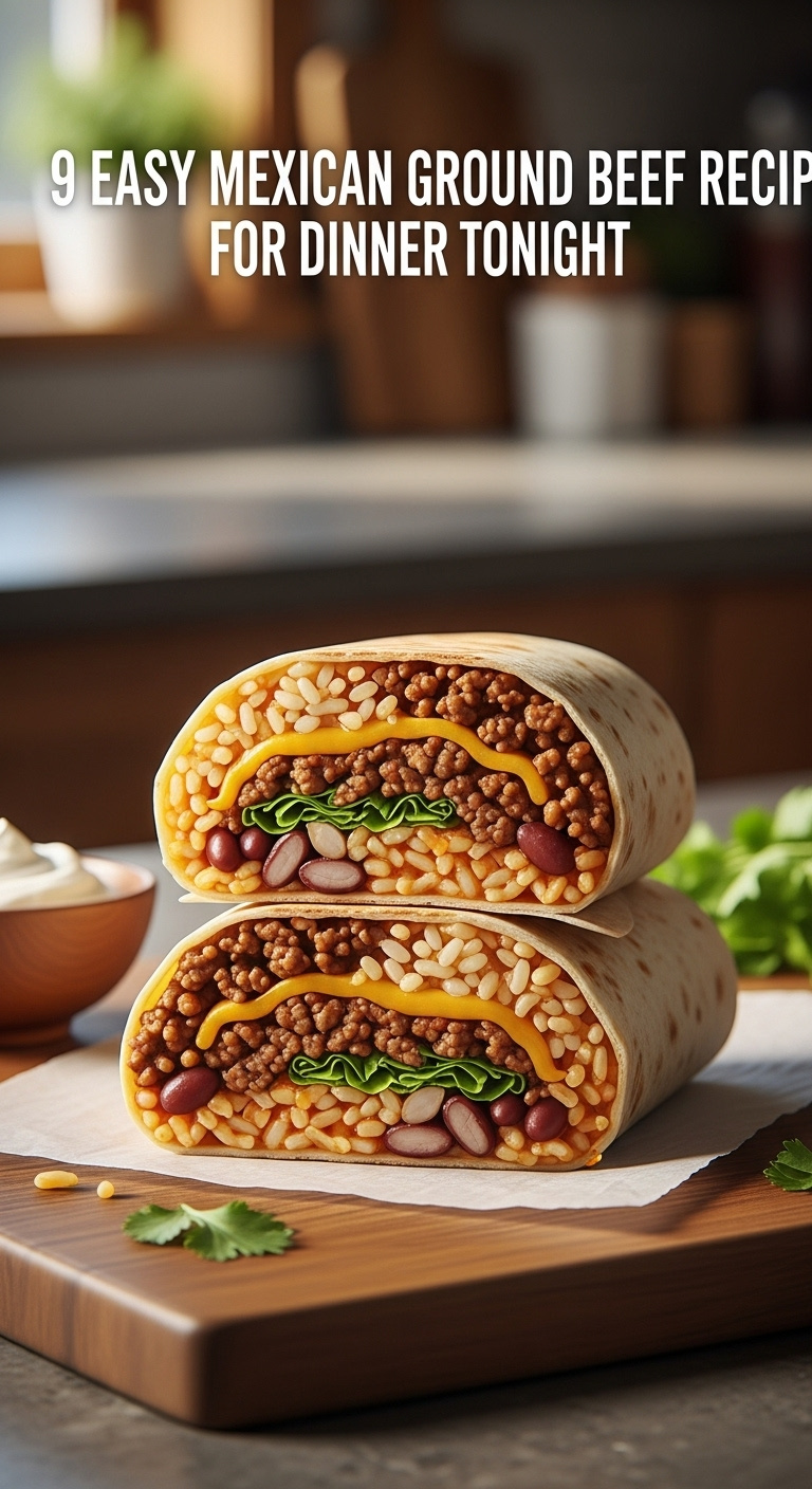 Easy-Ground-Beef-Burritos-Sliced-On-Wooden-Cutting-Board-With-Rice-Beans-Cheese