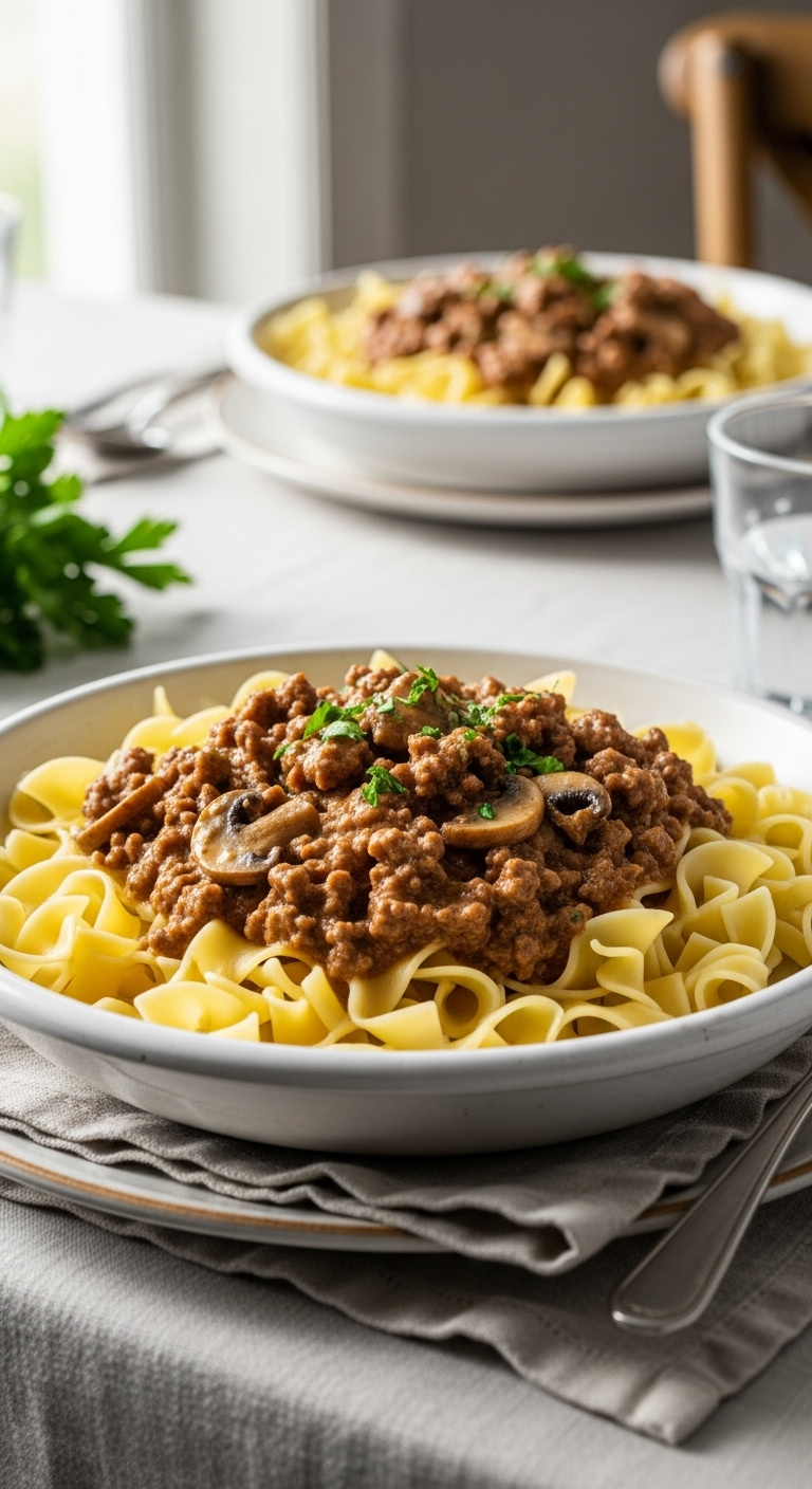 Easy-Ground-Beef-Stroganoff-With-Mushrooms-Egg-Noodles-And-Fresh-Parsley-In-Ceramic-Bowl
