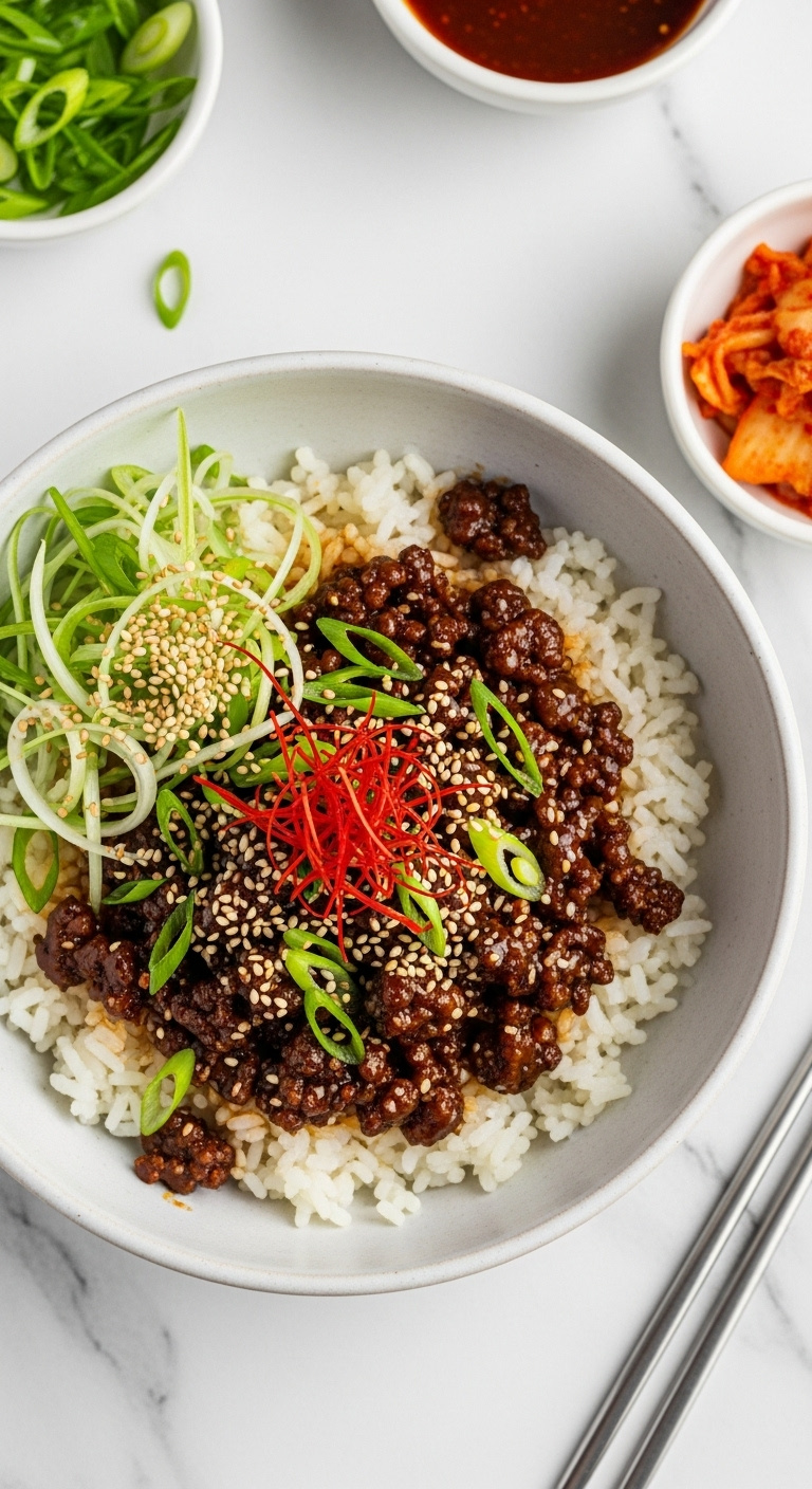 Easy-Korean-Ground-Beef-Bowl-White-Rice-Sesame-Seeds-Green-Onions