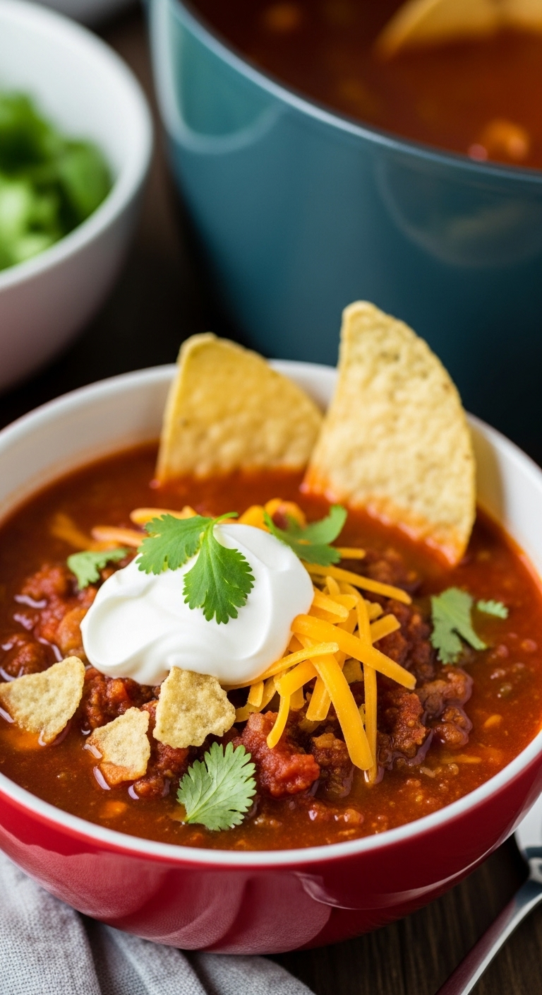 Easy-Pantry-Taco-Soup-Bowl-Sour-Cream-Cheddar-Cheese-Tortilla-Chips