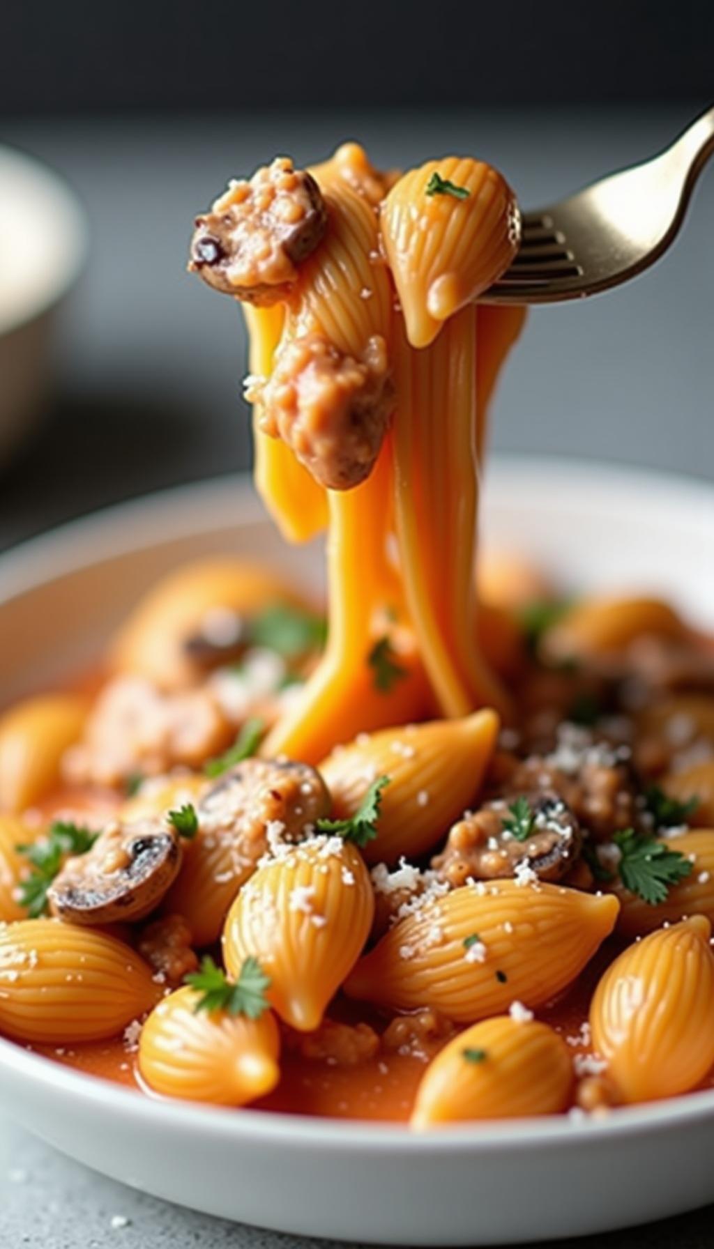 Easy Shell Pasta With Ground Turkey Creamy Tomato Sauce Topped With Parmesan And Parsley