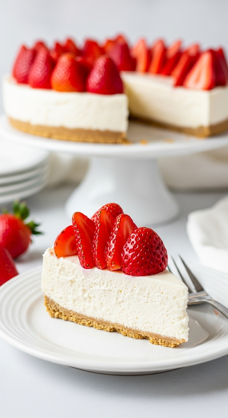 Effortless-No-Bake-Cheesecake-Slice-Creamy-Smooth-Texture-Fresh-Strawberries