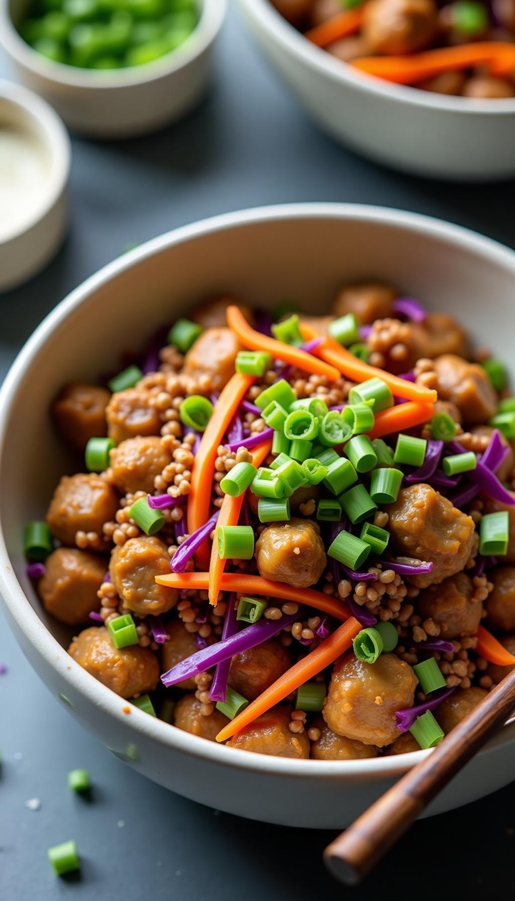 Egg Roll In A Bowl With Browned Meat Cabbage Carrots Green Onions And Sriracha In Ceramic Bowl With Chopsticks