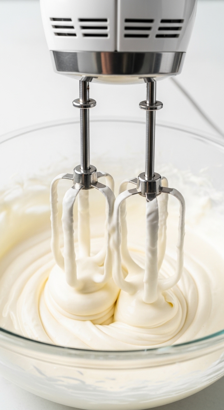 Electric Hand Mixer Beaters Swirling Through Creamy Mixture In Glass Bowl
