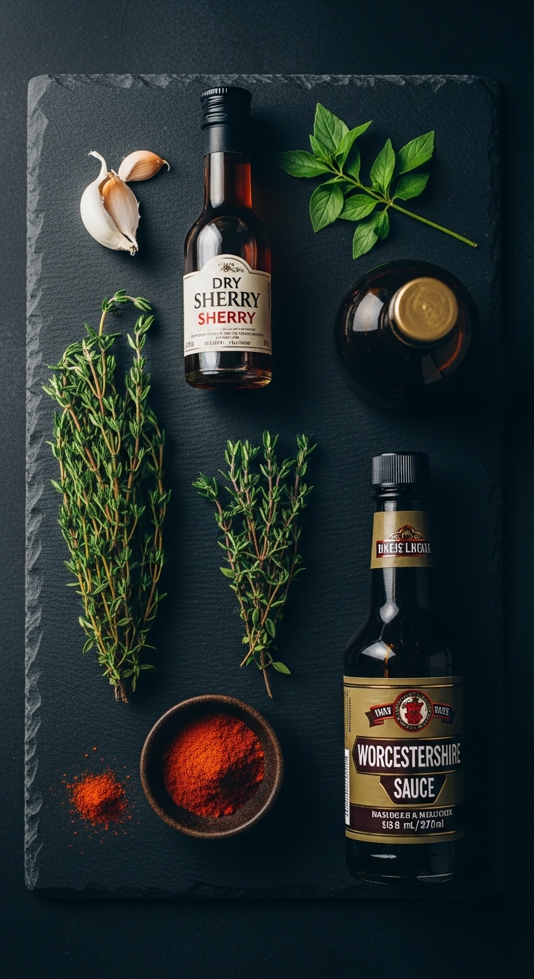 Elegant Flat Lay Of Dry Sherry Fresh Thyme Smoked Paprika And Worcestershire Sauce On Dark Slate Background