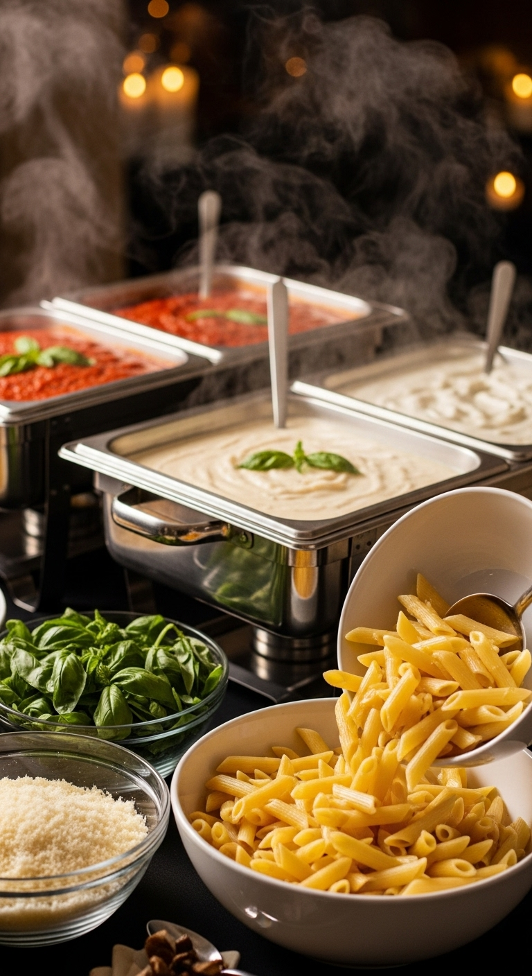 Elegant-Pasta-Bar-Penne-Pasta-Marinara-Alfredo-Grated-Parmesan-Basil-Steaming-Sauces