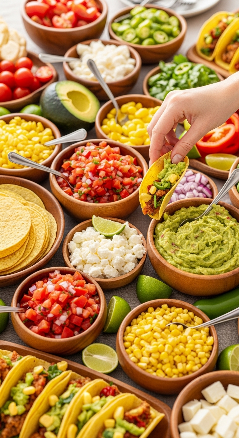 Festive-Taco-Bar-Colorful-Toppings-Pico-De-Gallo-Guacamole-Corn-Salsa-Hand-Reaching