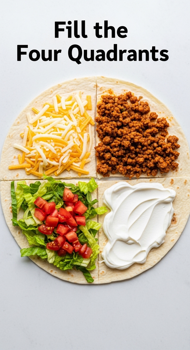 Fill-The-Four-Quadrants-Tortilla-Shredded-Cheese-Ground-Beef-Lettuce-Tomatoes-Sour-Cream-Flat-Lay