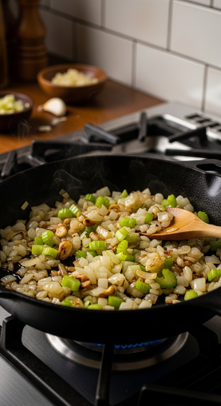 Finely-Chopped-Onions-Celery-Garlic-Sizzling-Cast-Iron-Skillet-Gas-Stovetop-Wooden-Spoon
