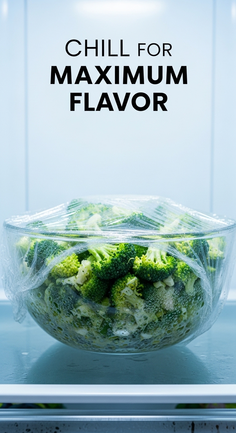 Finished Broccoli Salad Covered In Plastic Wrap Chilling In Refrigerator