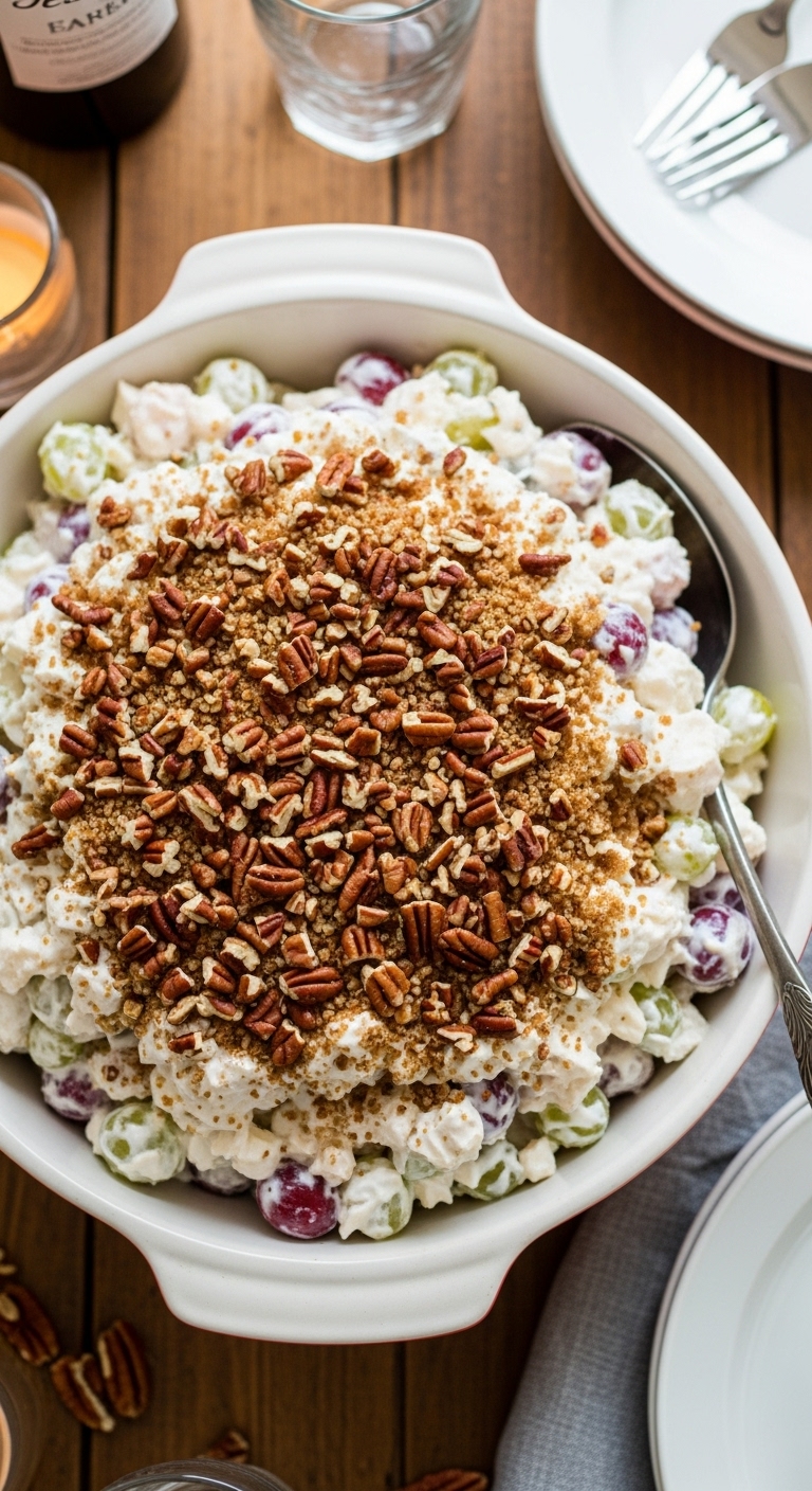 Finished Grape Salad In Ceramic Bowl Topped With Brown Sugar And Pecans On Wooden Table