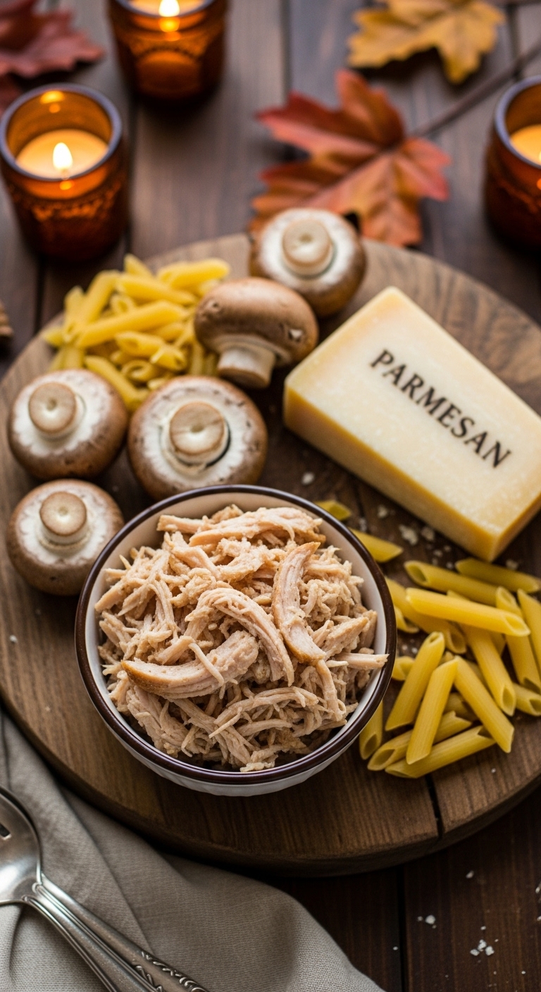 Flat Lay Of Shredded Turkey With Mushrooms Pasta And Parmesan Cheese On Rustic Wooden Board