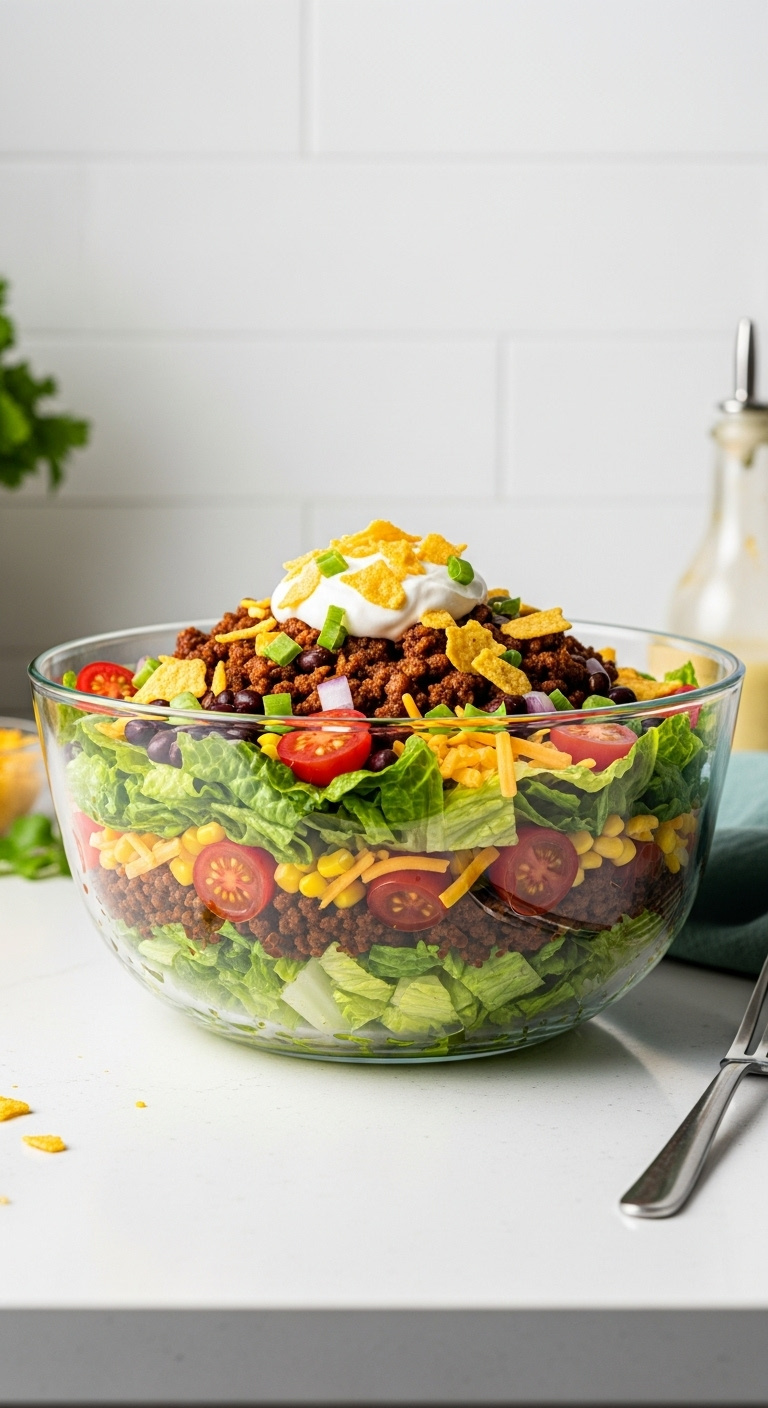 Flavor-Packed-Taco-Salad-With-Ground-Beef-Black-Beans-Corn-Tomatoes-And-Cheddar-In-Glass-Bowl