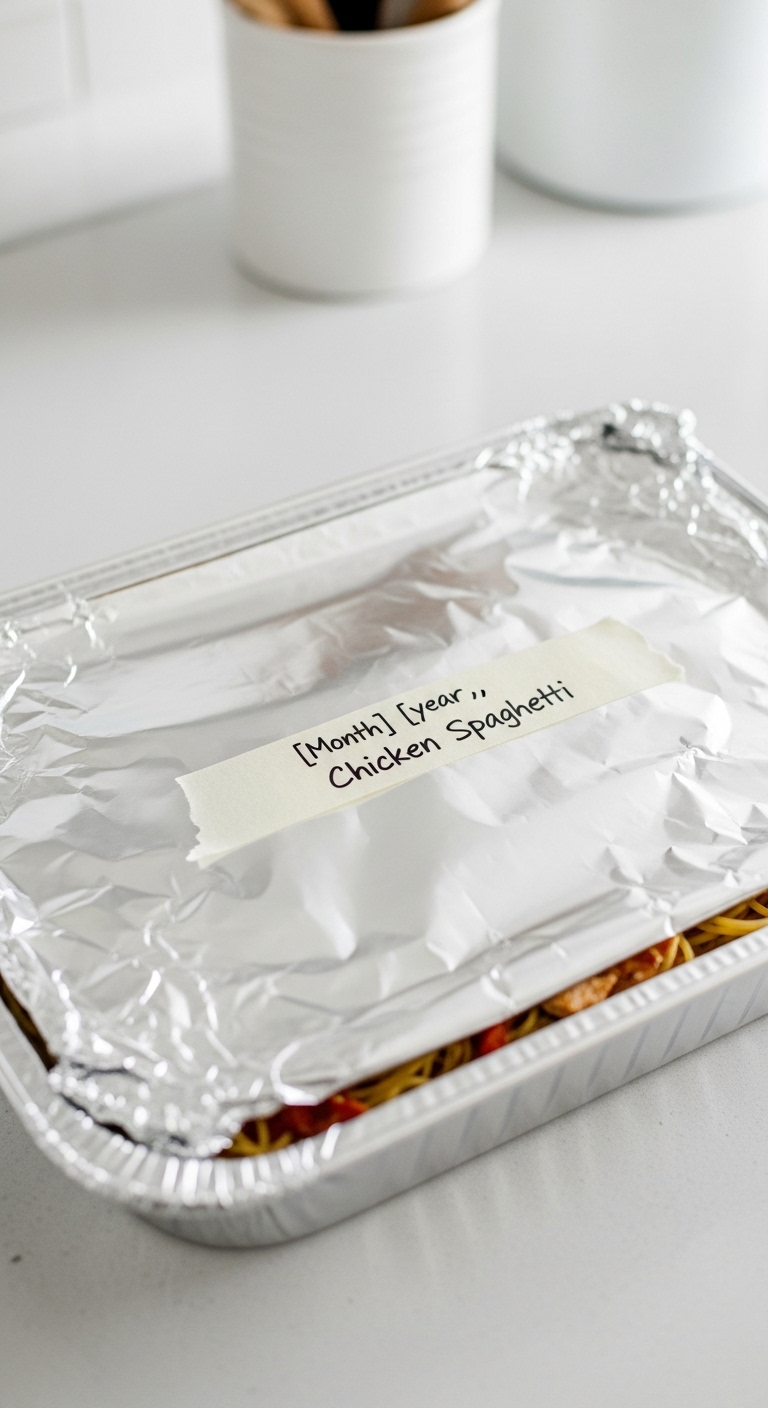 Foil Pan Of Unbaked Chicken Spaghetti With Masking Tape Label For Meal Prep