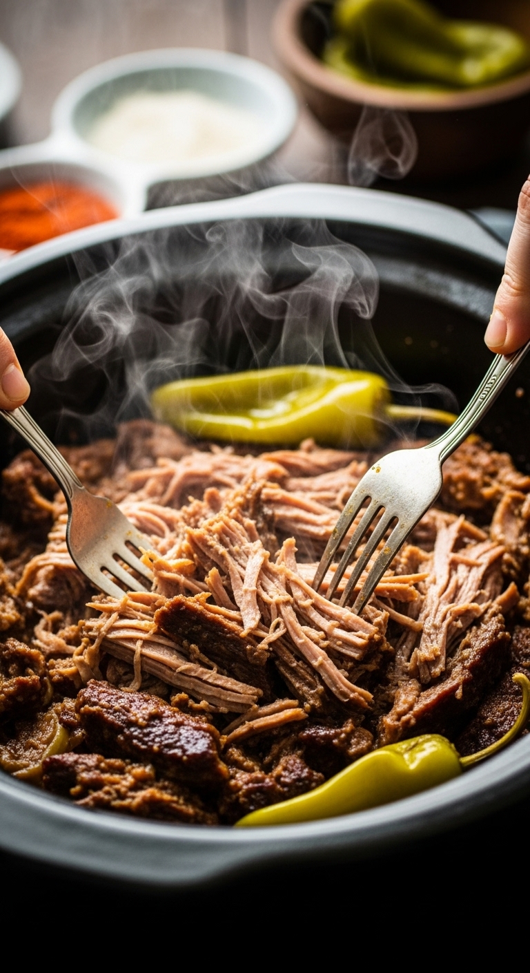 Foolproof Mississippi Pot Roast Being Shredded With Forks In Cast Iron Crock Pot With Steam Rising And Pepperoncini On Top In Warm Rustic Lighting