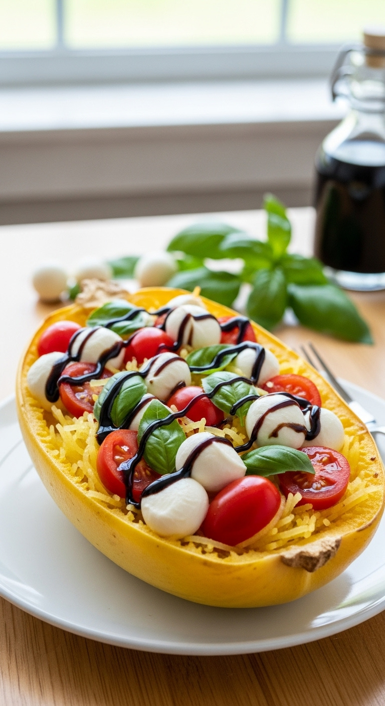 Fresh Caprese Stuffed Spaghetti Squash Boat With Cherry Tomatoes Mozzarella Pearls Basil And Balsamic Glaze On White Plate With Sunlit Window Background