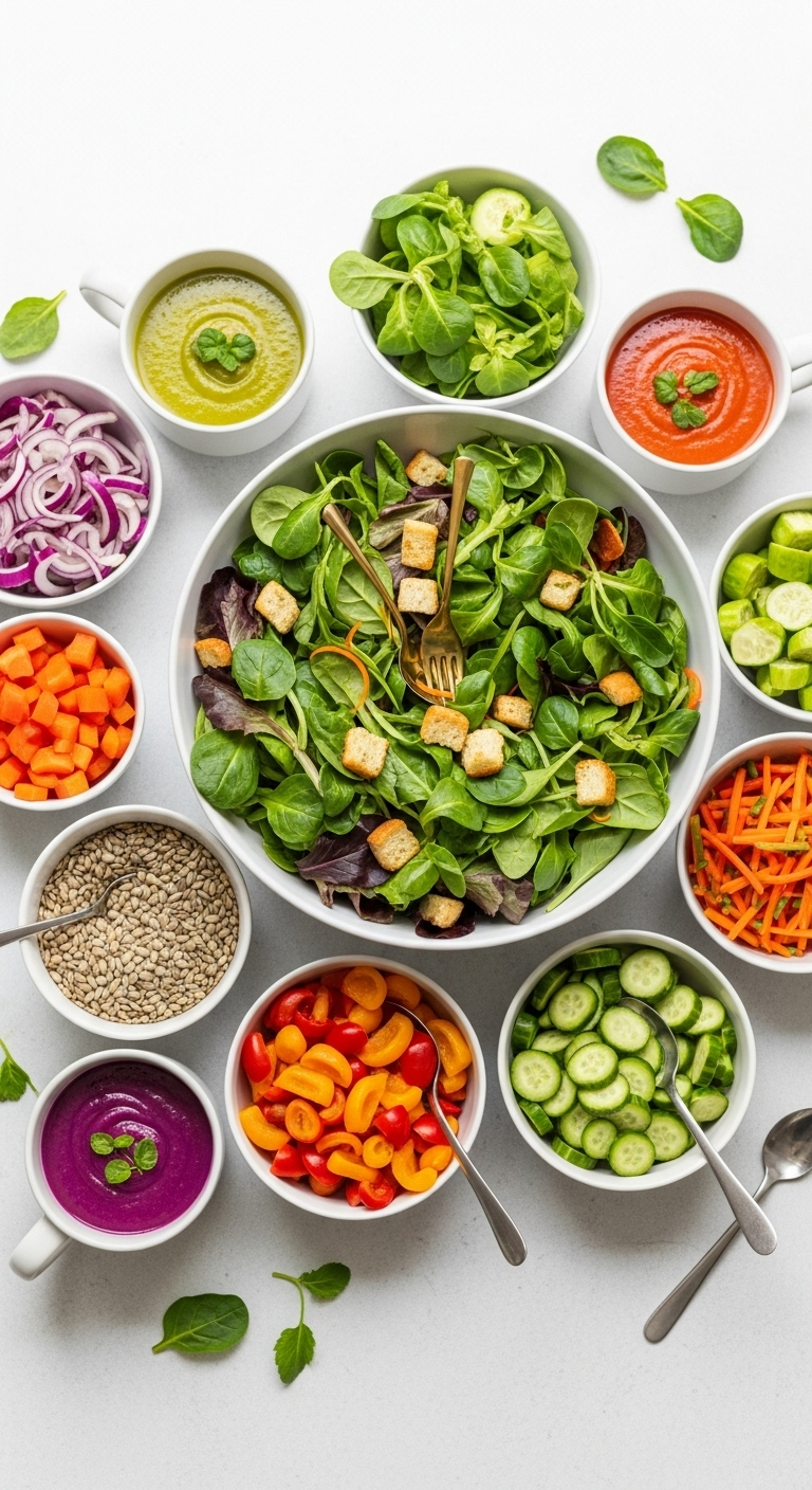 Fresh-Salad-Bar-Mixed-Greens-Chopped-Vegetables-Croutons-Soups-Wholesome-Flat-Lay