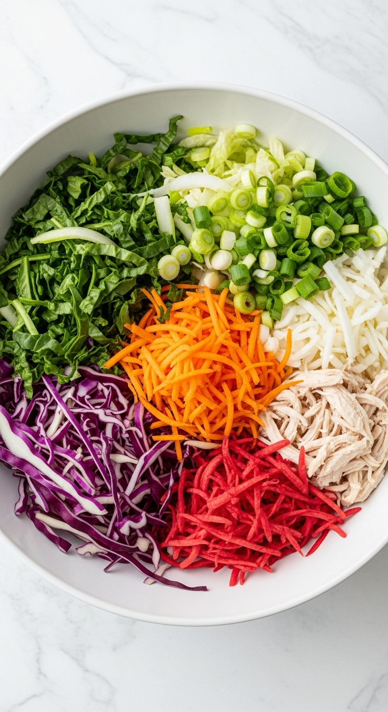 Fresh Salad Base Napa Cabbage Red Cabbage Carrots Chicken Green Onions Blog Post