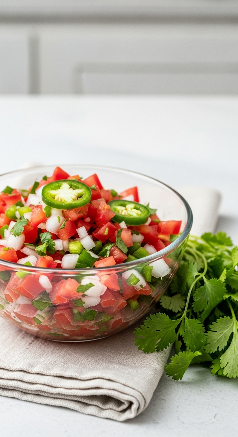 Fresh-Salsa-Pico-De-Gallo-Diced-Tomatoes-Onions-Cilantro-Jalapenos-On-Linen-Napkin
