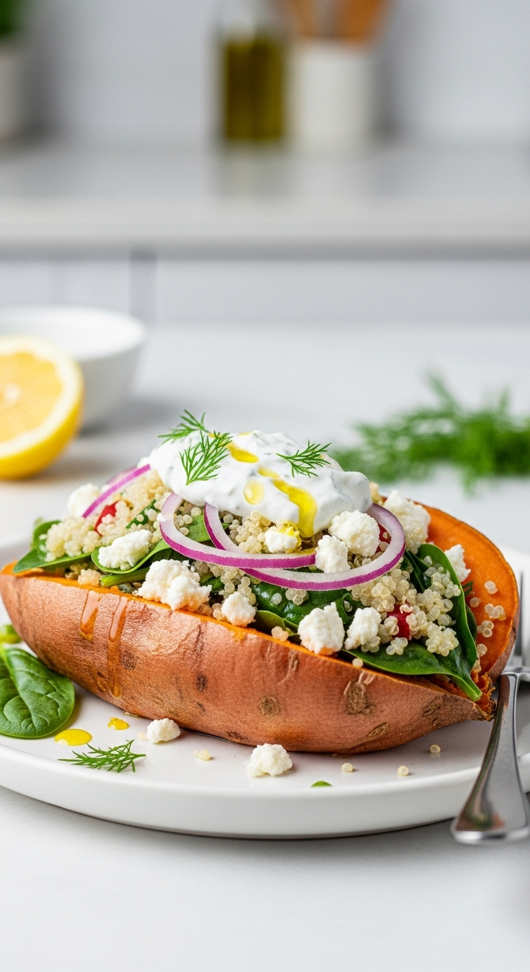 Fresh Tangy Greek Quinoa Salad Sweet Potato Feta Spinach Tzatziki Olive Oil Lemon Dill Silver Fork White Ceramic Plate Vertical