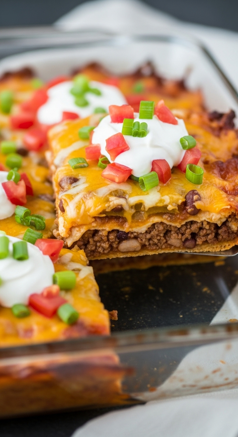 Freshly Baked Taco Casserole With Layers Of Meat Beans Tortillas Topped With Sour Cream Tomatoes Green Onions In Glass Baking Dish