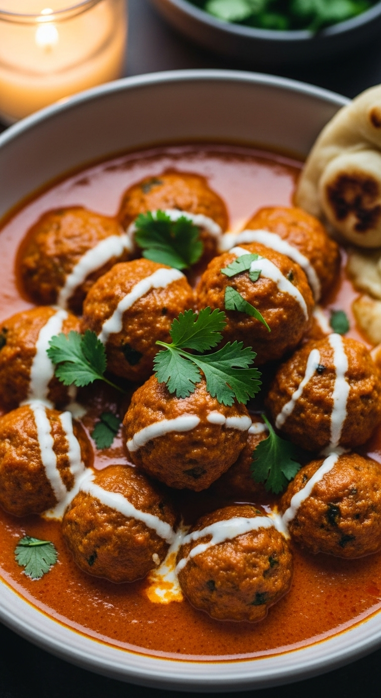 Fusion-Butter-Chicken-Meatballs-Creamy-Sauce-Naan-Bread-Sprinkle-Cilantro