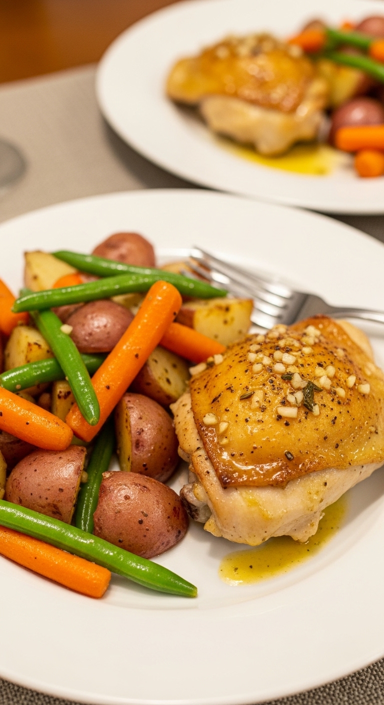 Garlic Butter Chicken And Veggies With Roasted Potatoes Carrots Green Beans And Fork On White Plate In Homestyle Dining Setting With Golden Buttery Light
