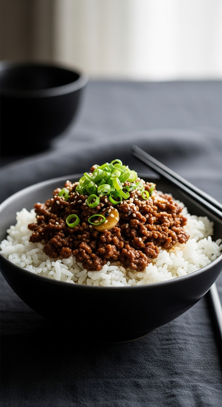Garlicky-Gingery-Ground-Beef-White-Rice-Green-Onions-Sesame-Seeds