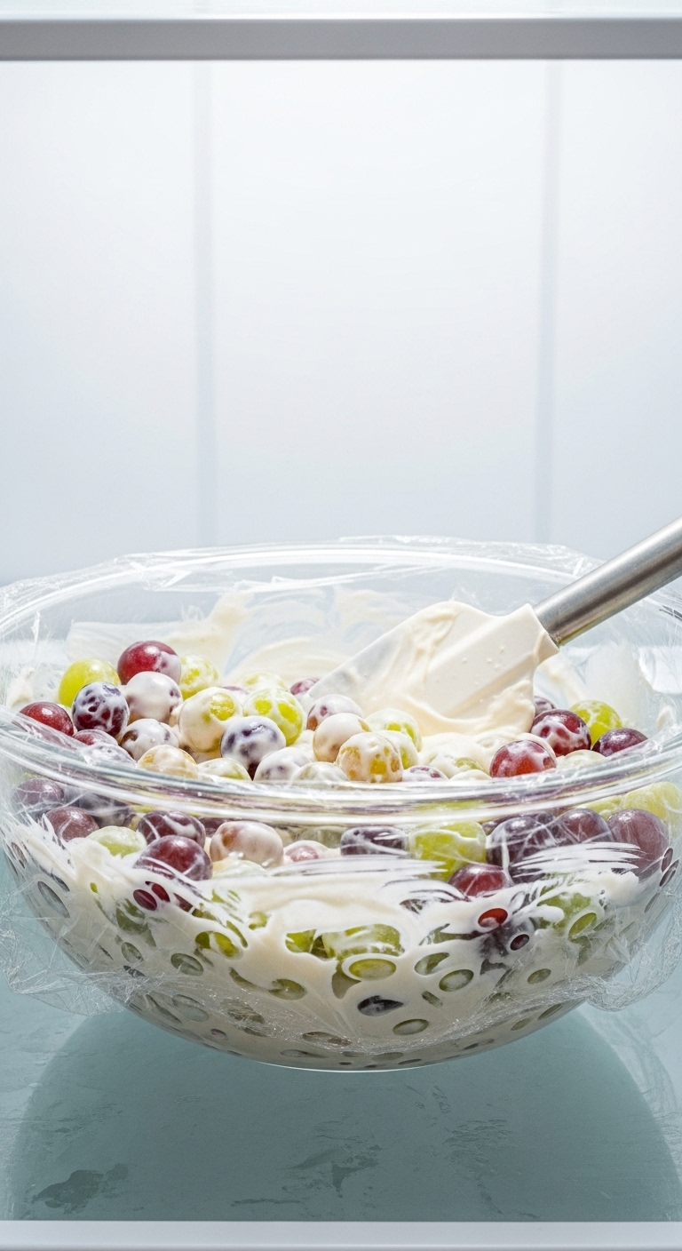 Glass Bowl Of Grapes With Creamy Dressing Covered In Plastic Wrap On Refrigerator Shelf