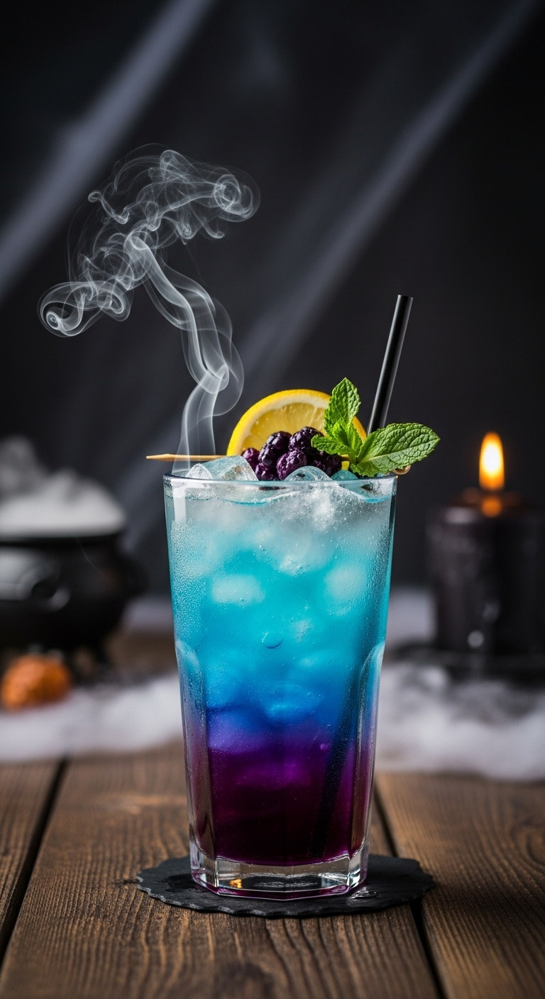 Glowing Witches Brew Lemonade In Tall Glass Layered Purple To Blue With Dry Ice Smoke Black Straw On Dark Table With Blurred Halloween Decor