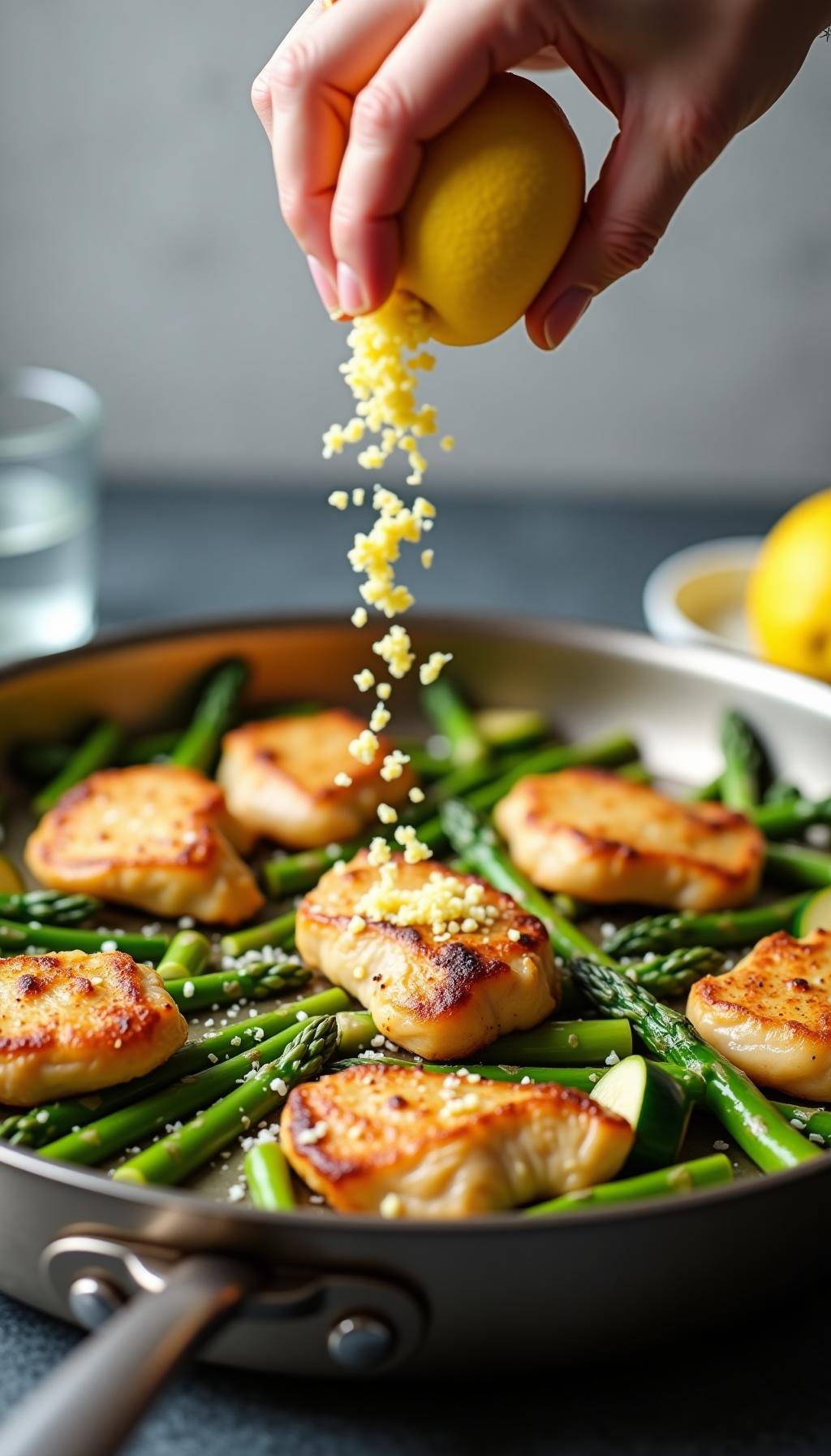 Golden Brown Chicken Tenders With Asparagus Zucchini And Parmesan In Skillet Topped With Lemon Zest