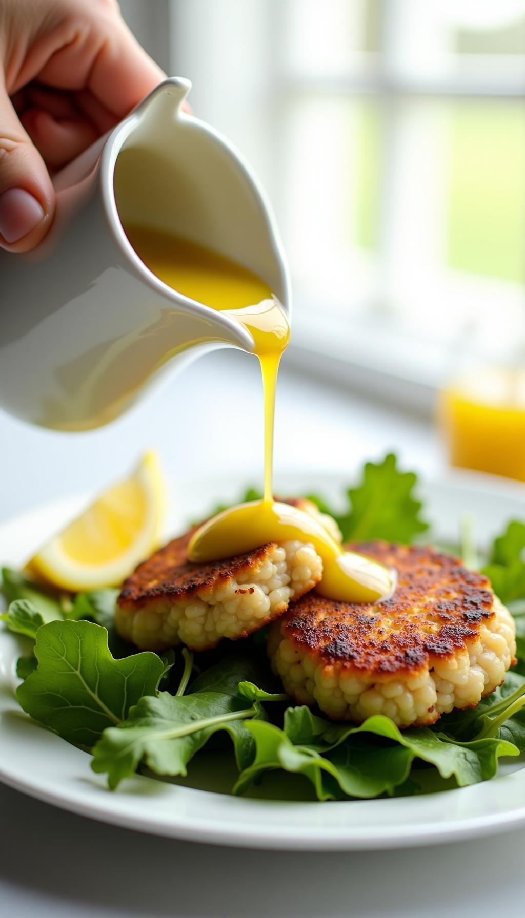 Golden Brown Tuna Cakes On Mixed Greens With Lemon Vinaigrette And Wedge On White Plate
