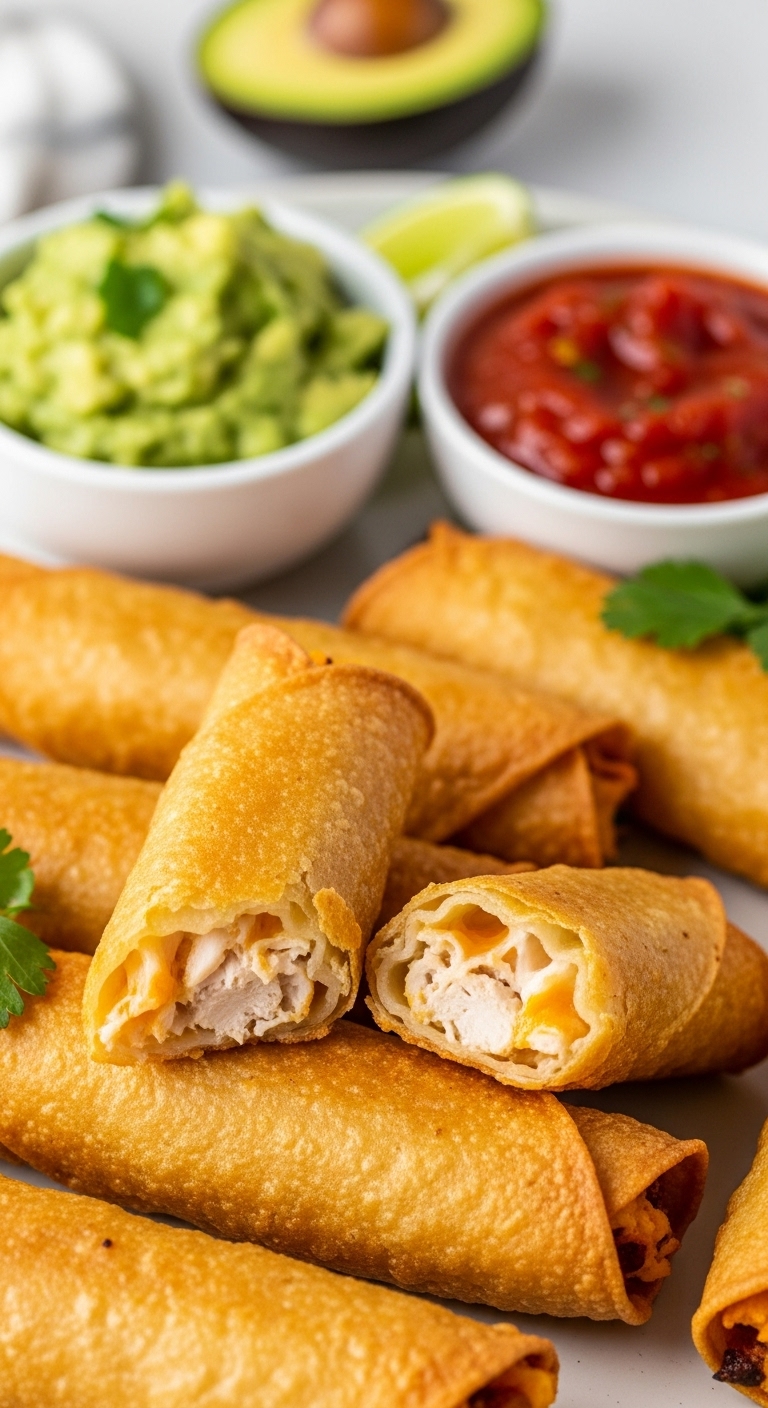 Golden Crispy Chicken Flautas On Platter With Creamy Filling Guacamole And Salsa For Dipping