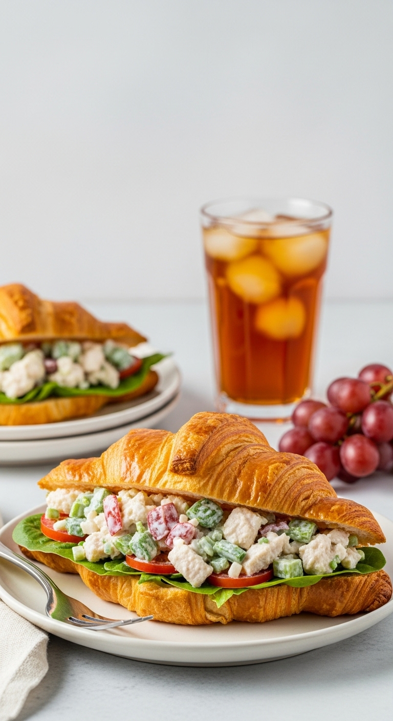 Golden Croissant Filled With Chicken Salad On Plate With Red Grapes And Iced Tea In Background