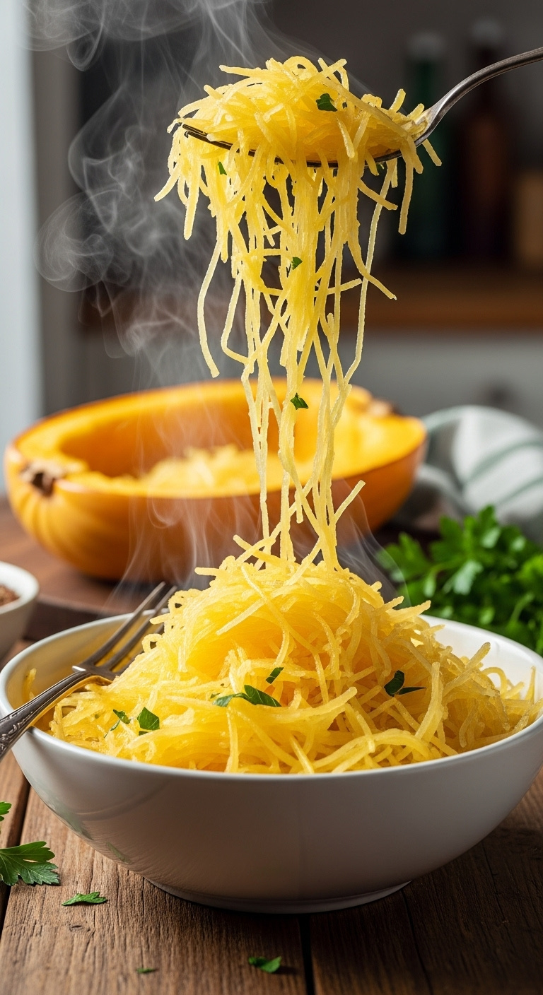 Golden Steaming Spaghetti Squash Strands In White Bowl With Roasted Squash Halves In Background On Rustic Wood Table With Fork And Parsley