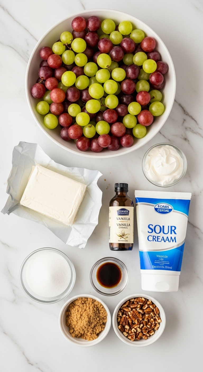 Grape Salad Ingredients Flat Lay With Cream Cheese Sour Cream Vanilla Sugar Pecans On Marble Countertop