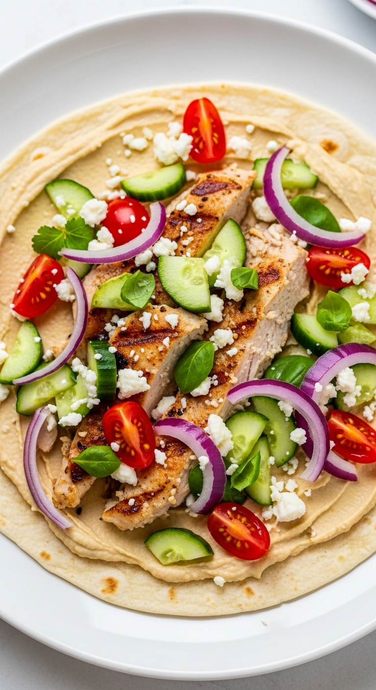 Greek-Chicken-Hummus-Wrap-Open-Faced-Grilled-Chicken-Cucumbers-Tomatoes-Red-Onions-Feta-Hummus-Plate